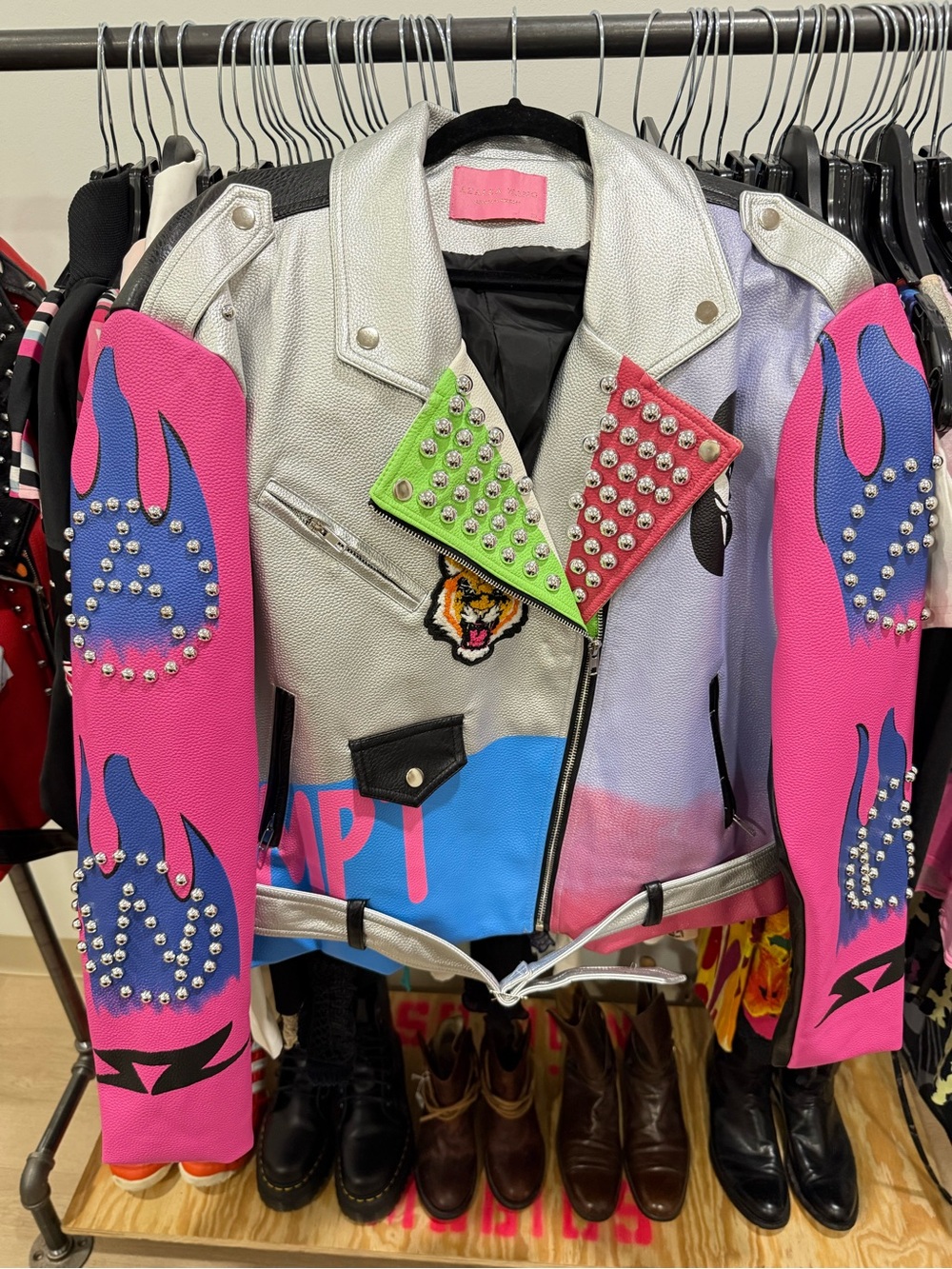 Azalea Wang Silver Studded Moto Jacket with Pink & Blue Flame Sleeves